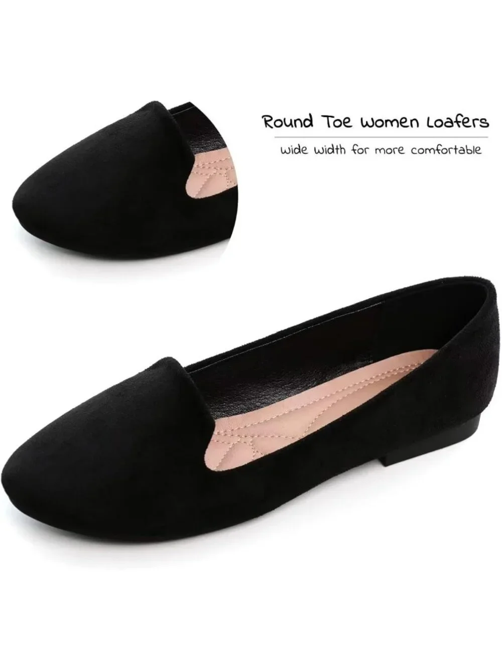Women's Black Round Toe Comfortable Low Heel Slip On Loafer Ballet Flat Shoes